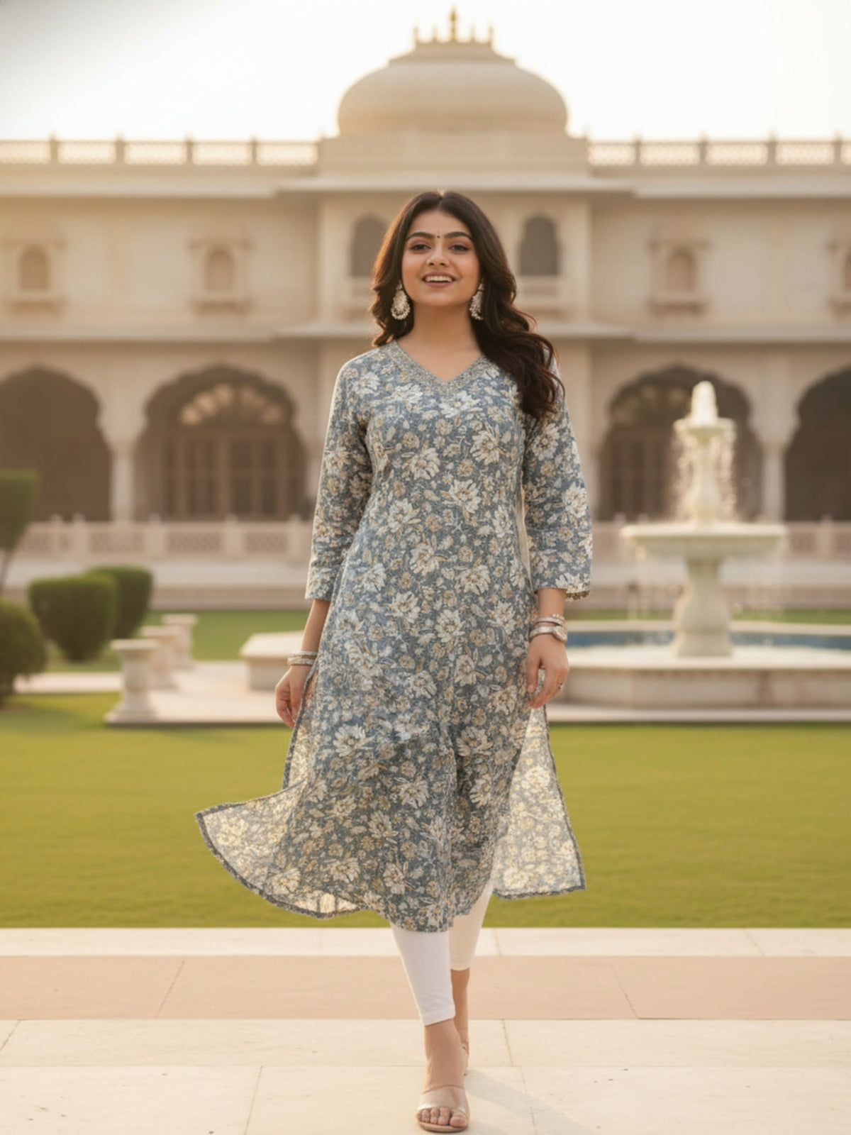 Greyish-Blue Floral Print Cotton Straight Kurti
