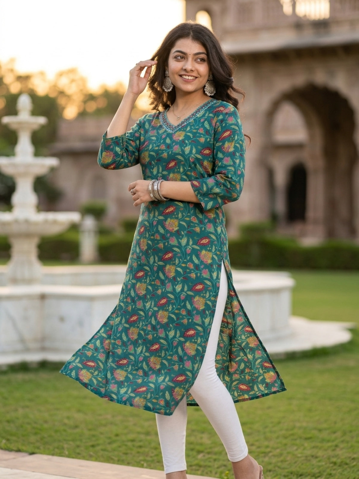 Floral Print Cotton Rayon Straight Kurta (Teal Green)