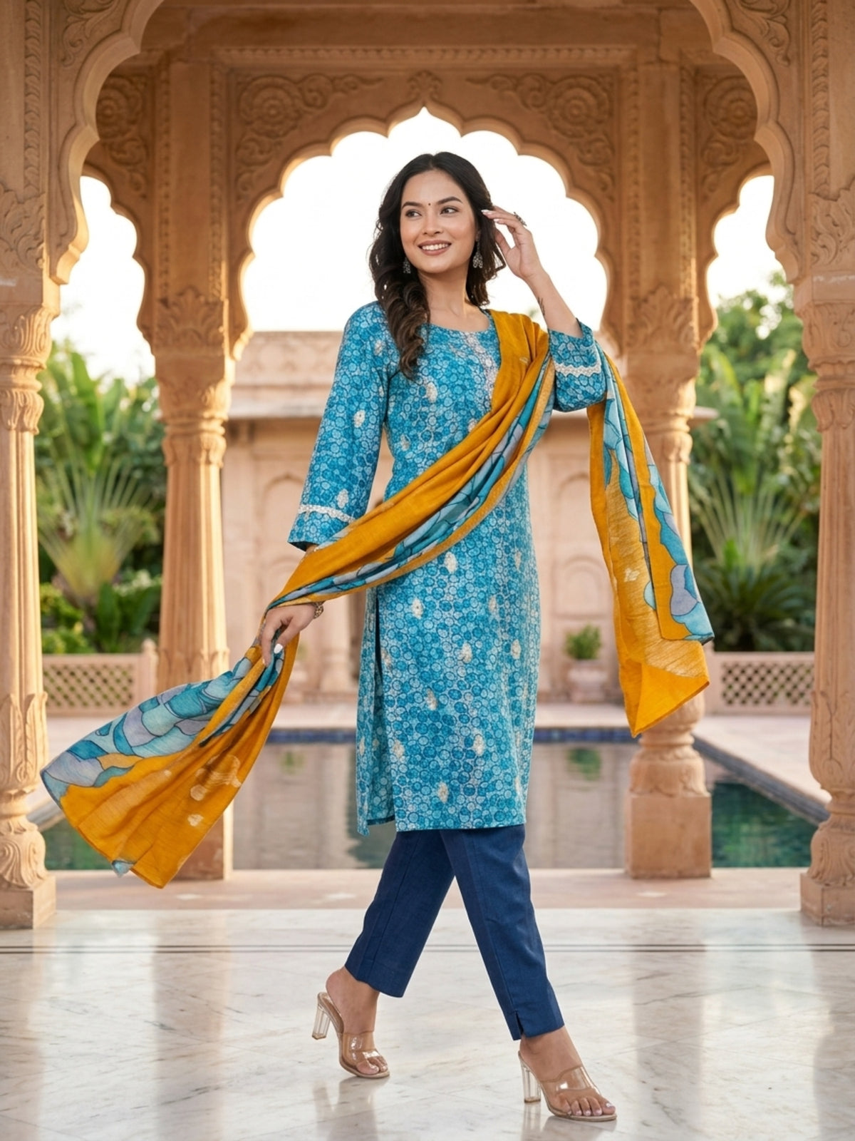 Stella Women Modal Flower Printed Kurta with Solid Trouser & Matching Dupatta Set | Round Neck 3/4 Sleeves Woven Kurta with Elasticated Waistband | Slip-On Bottom | Ethnic Wear | Ank