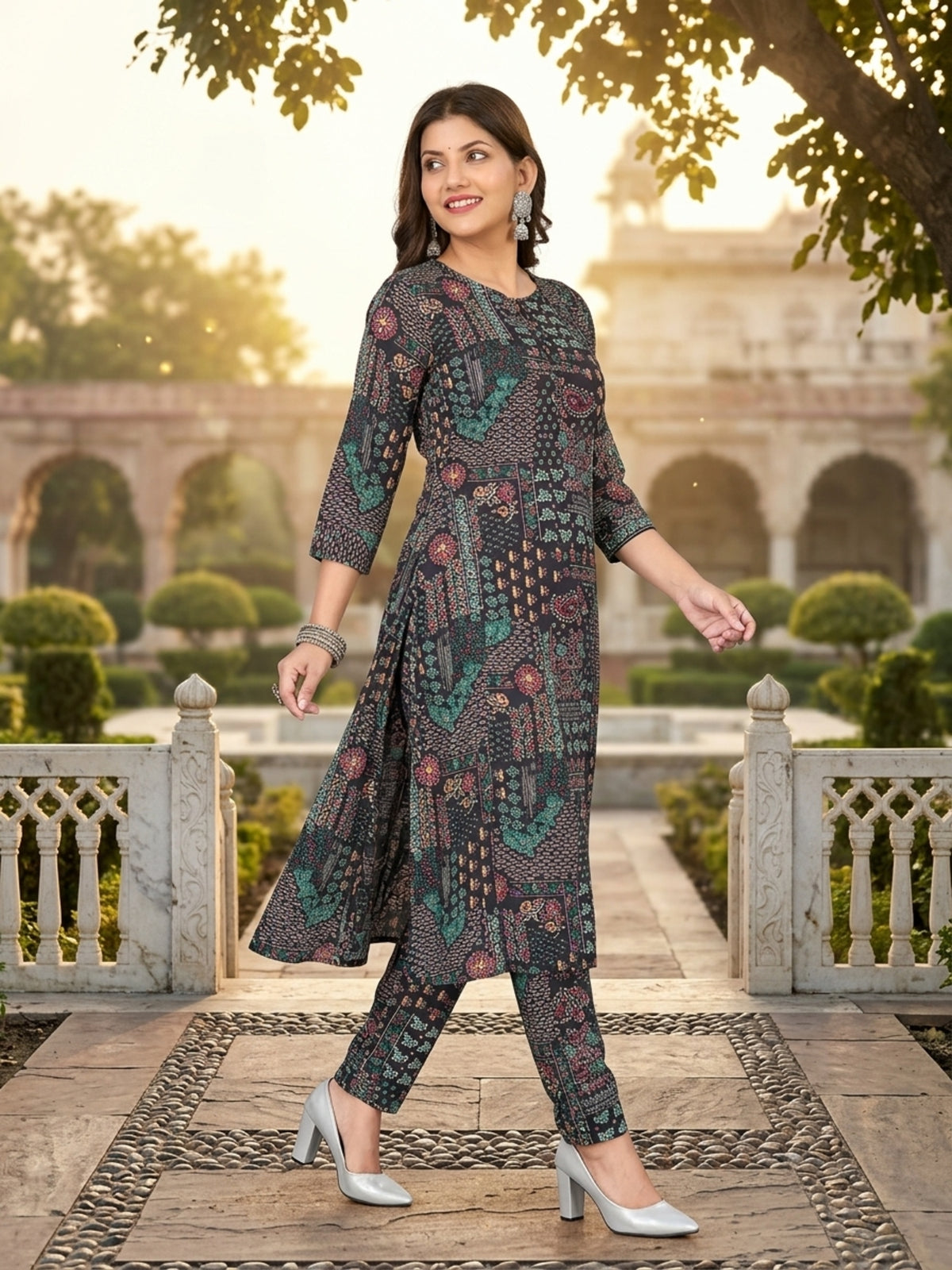 Parineeti Women Green Floral Printed Rayon A-Line Co-Ord Set with Trousers | Ank