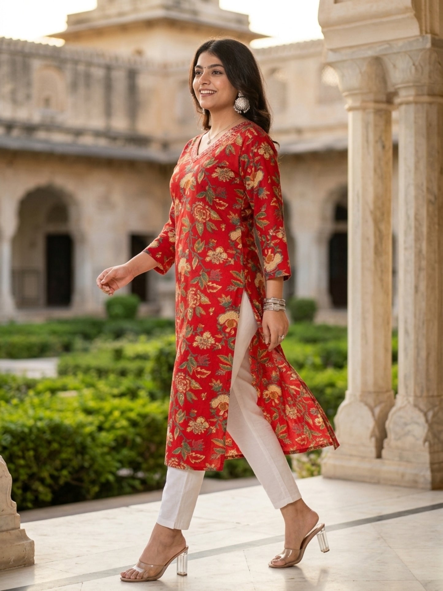 Red Floral Printed Cotton Casual Wear V-Neck Kurta