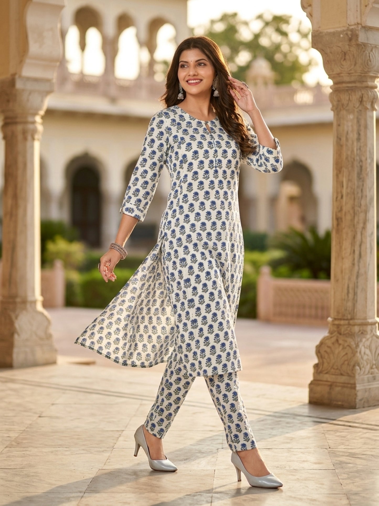 Women Antique White Floral Printed Rayon A-Line Co-Ord Set with Trousers