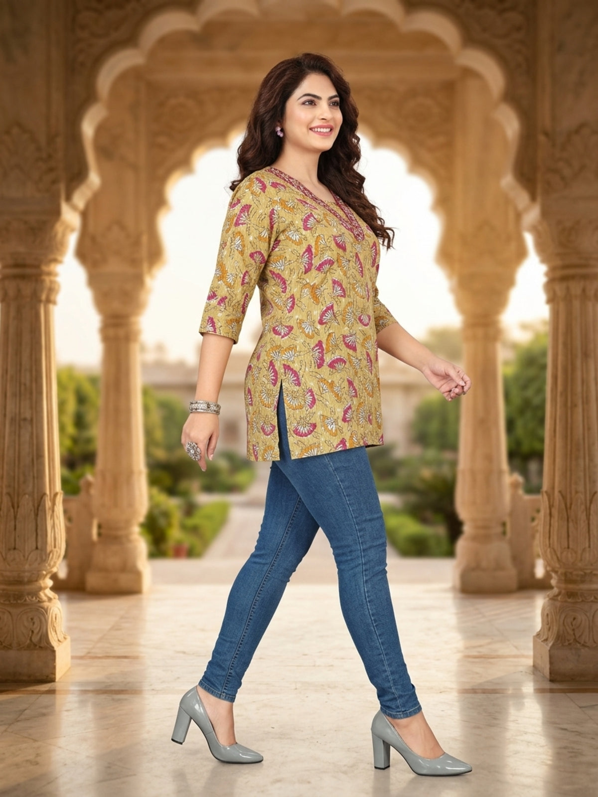 Pure Cotton Floral Print Short Kurti with Embroidered V-Neck Tunic