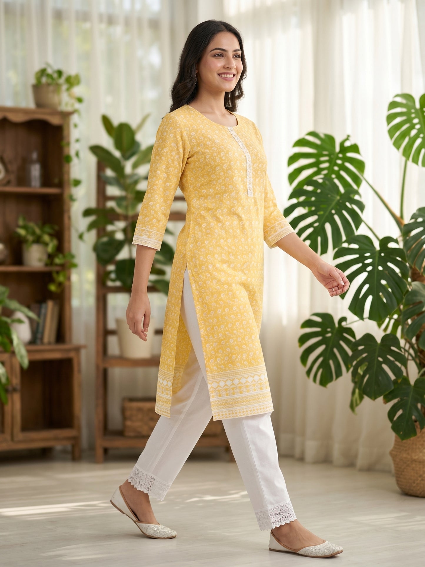 Nizam Women Pure Cotton Printed Ethnic Kurta Set with Matching Trousers, Round Neck, 3/4 Sleeves & Straight Fit for Casual, Office & Festive Wear | Ank