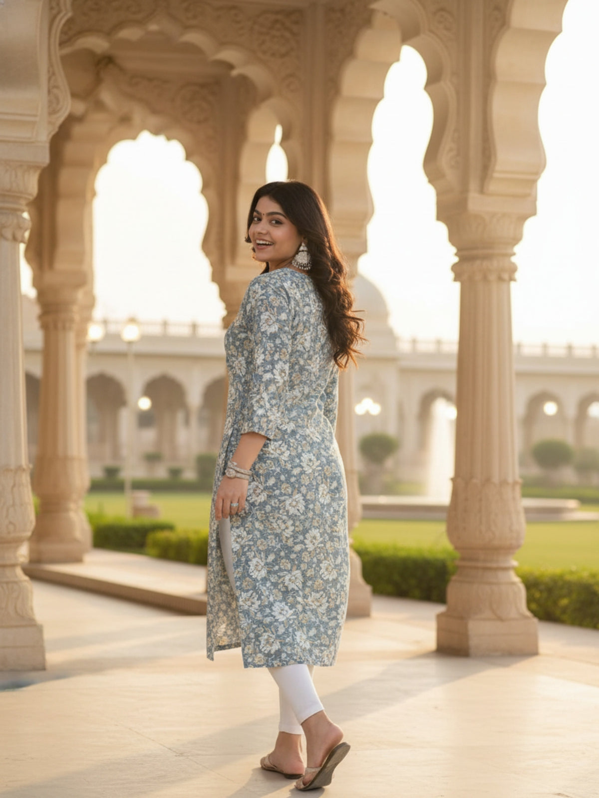 Greyish-Blue Floral Print Cotton Straight Kurti