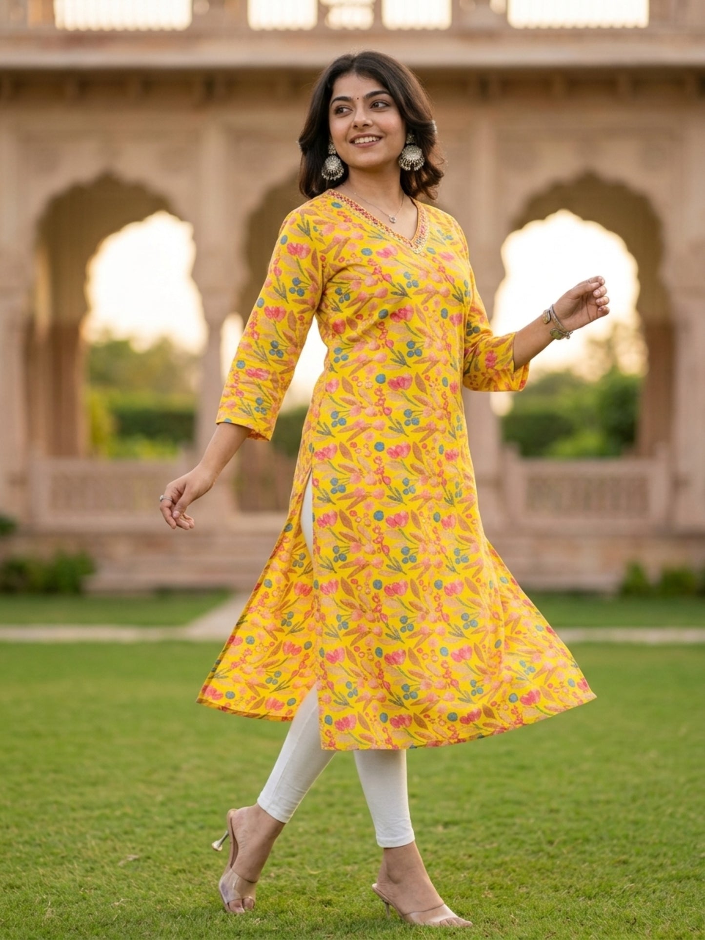 V-Neck Three-Quarter Sleeve Yellow Print Casual Kurti