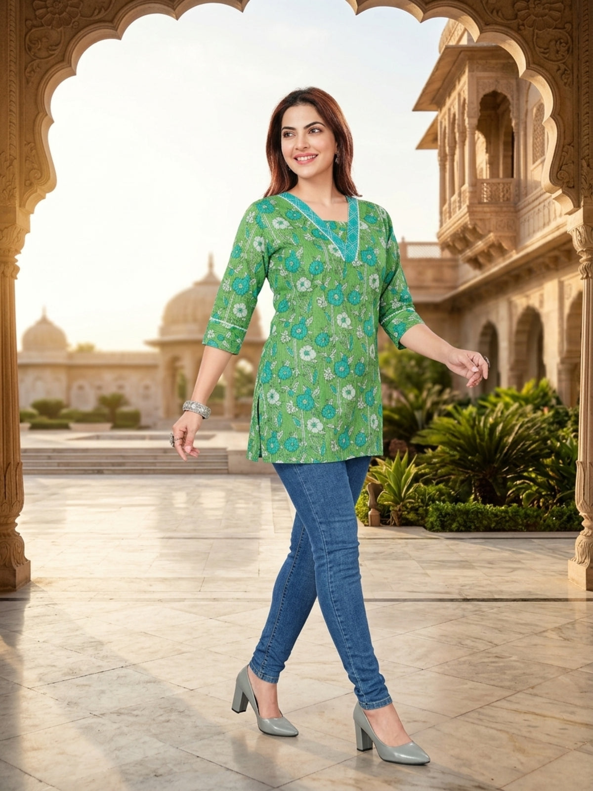 Green Floral Print Cotton Short Kurti with V-Neck
