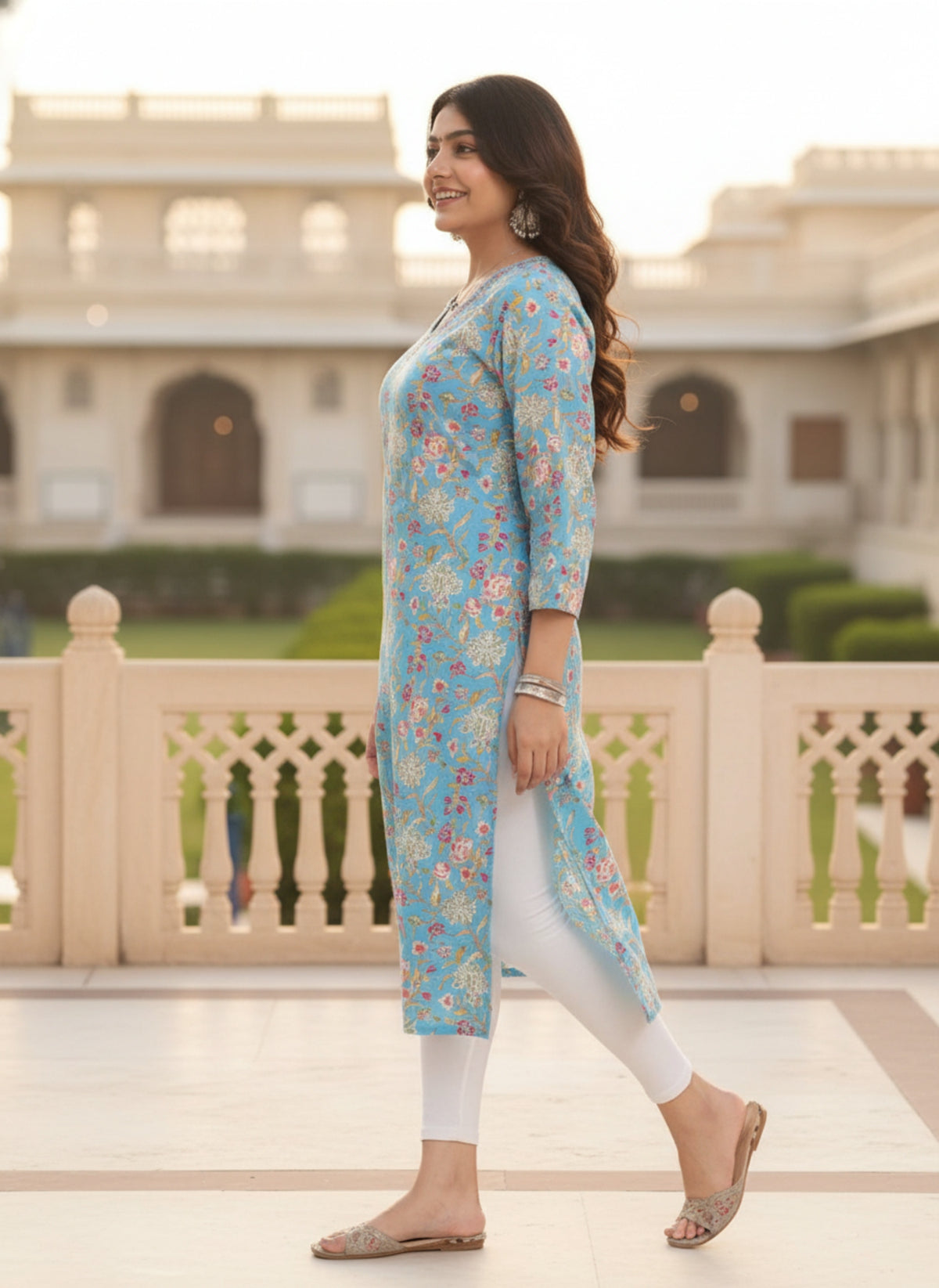 Women Sky Blue Floral Printed Pure Cotton Straight Kurti