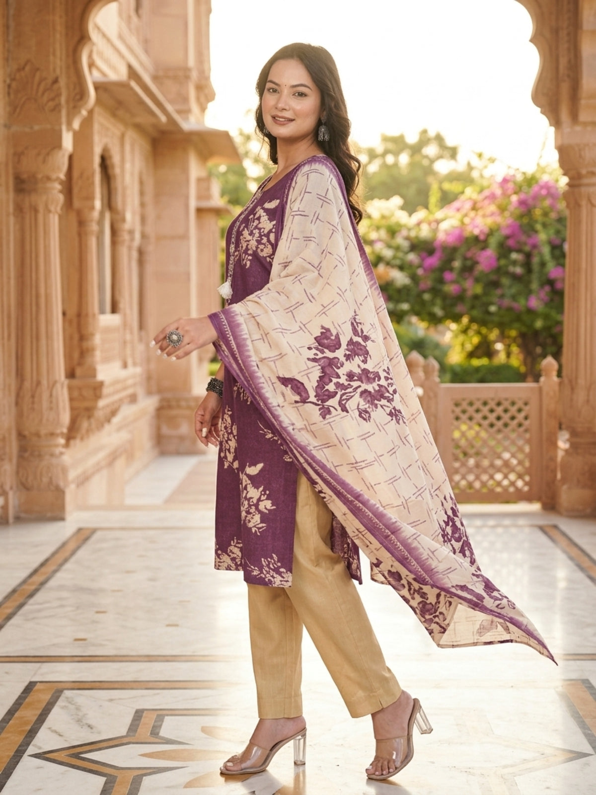 Stella Women Modal Flower Printed Kurta with Solid Trouser & Matching Dupatta Set | Round Neck 3/4 Sleeves Woven Kurta with Elasticated Waistband | Slip-On Bottom | Ethnic Wear | Ank