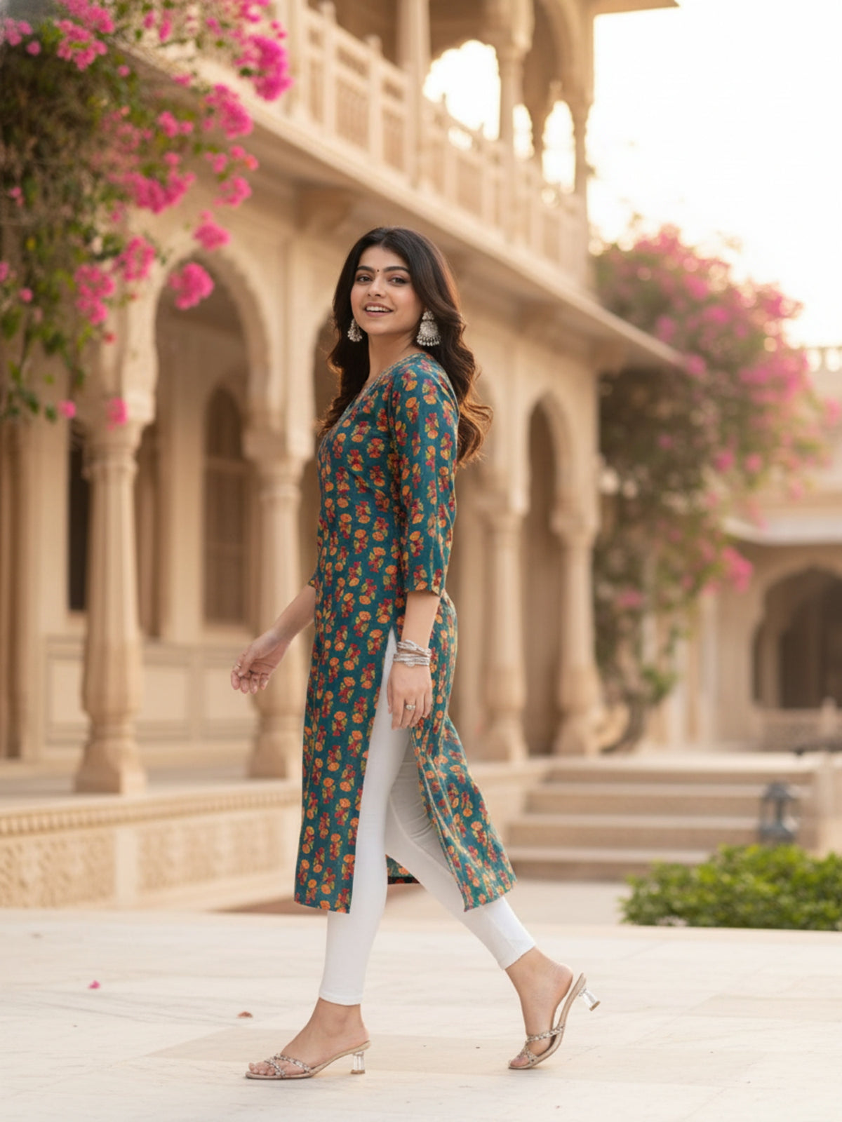 Teal Green Floral Printed Cotton Kurta with V-Neck