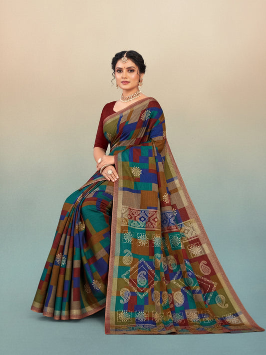 Matka Masleen Multi-Color Geometric Check Saree With Paisley Pallu