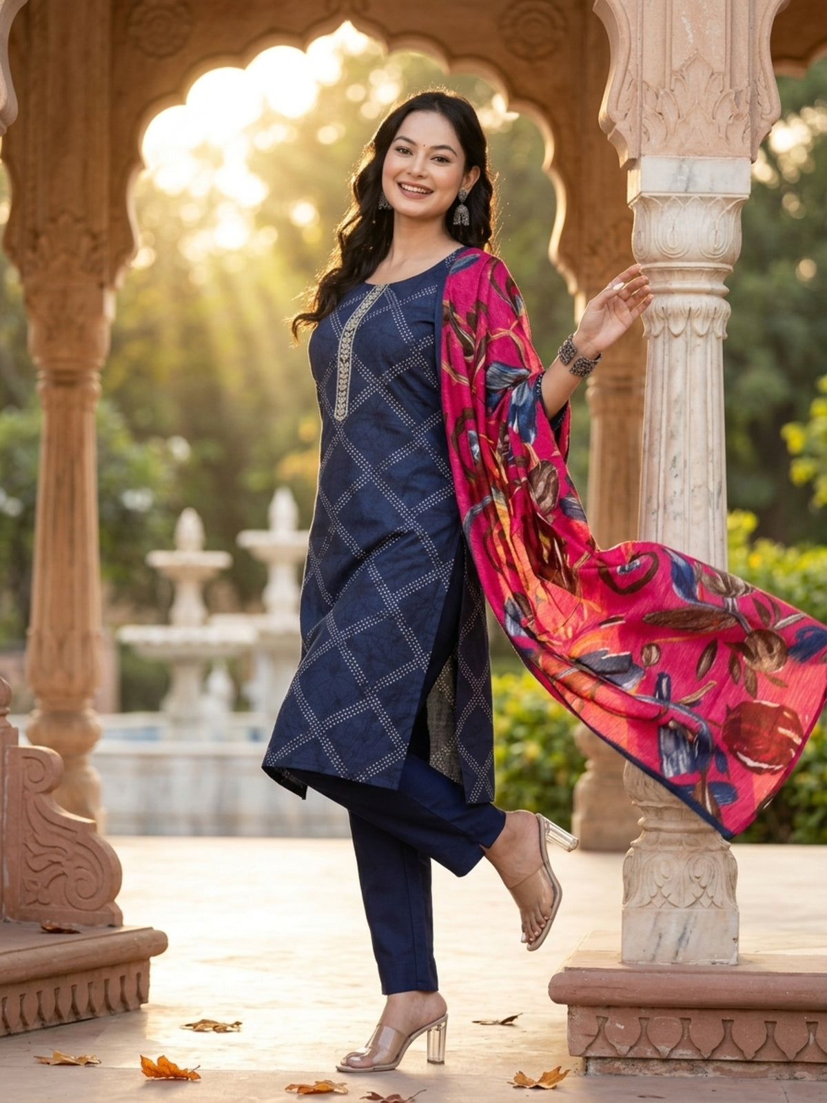 Stella Women Modal Flower Printed Kurta with Solid Trouser & Matching Dupatta Set | Round Neck 3/4 Sleeves Woven Kurta with Elasticated Waistband | Slip-On Bottom | Ethnic Wear | Ank