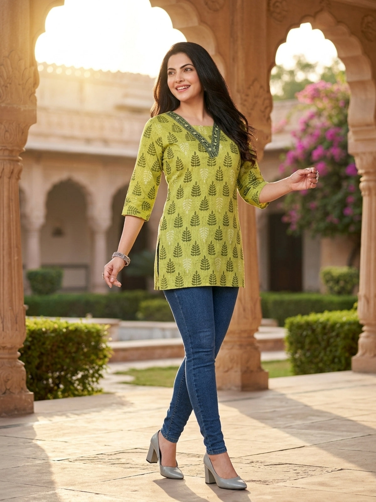 Lime Green Leaf Printed Cotton Blend Short Kurti