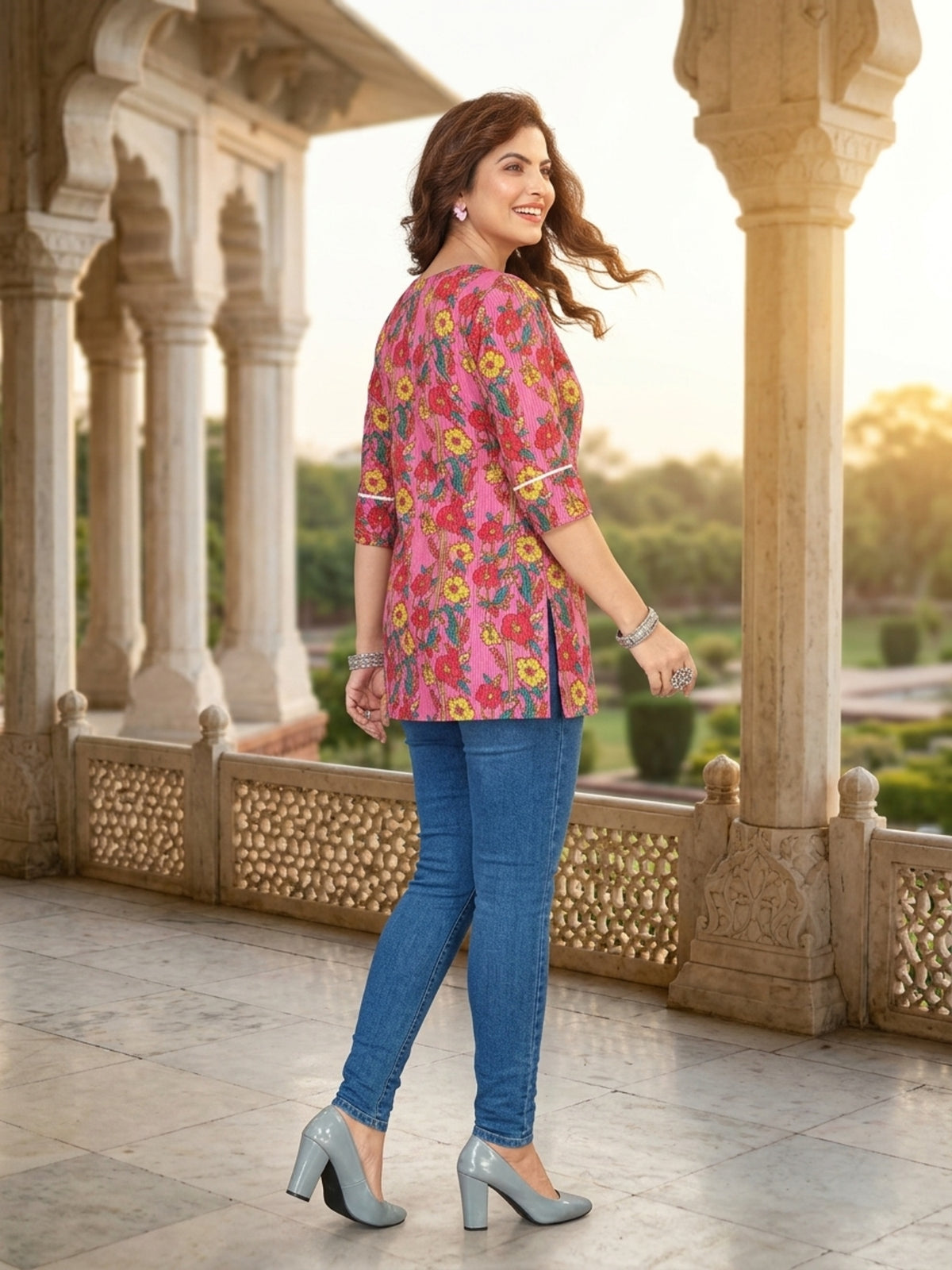 Pink Floral Print Cotton Short Kurti with Lace Detail V-Neck