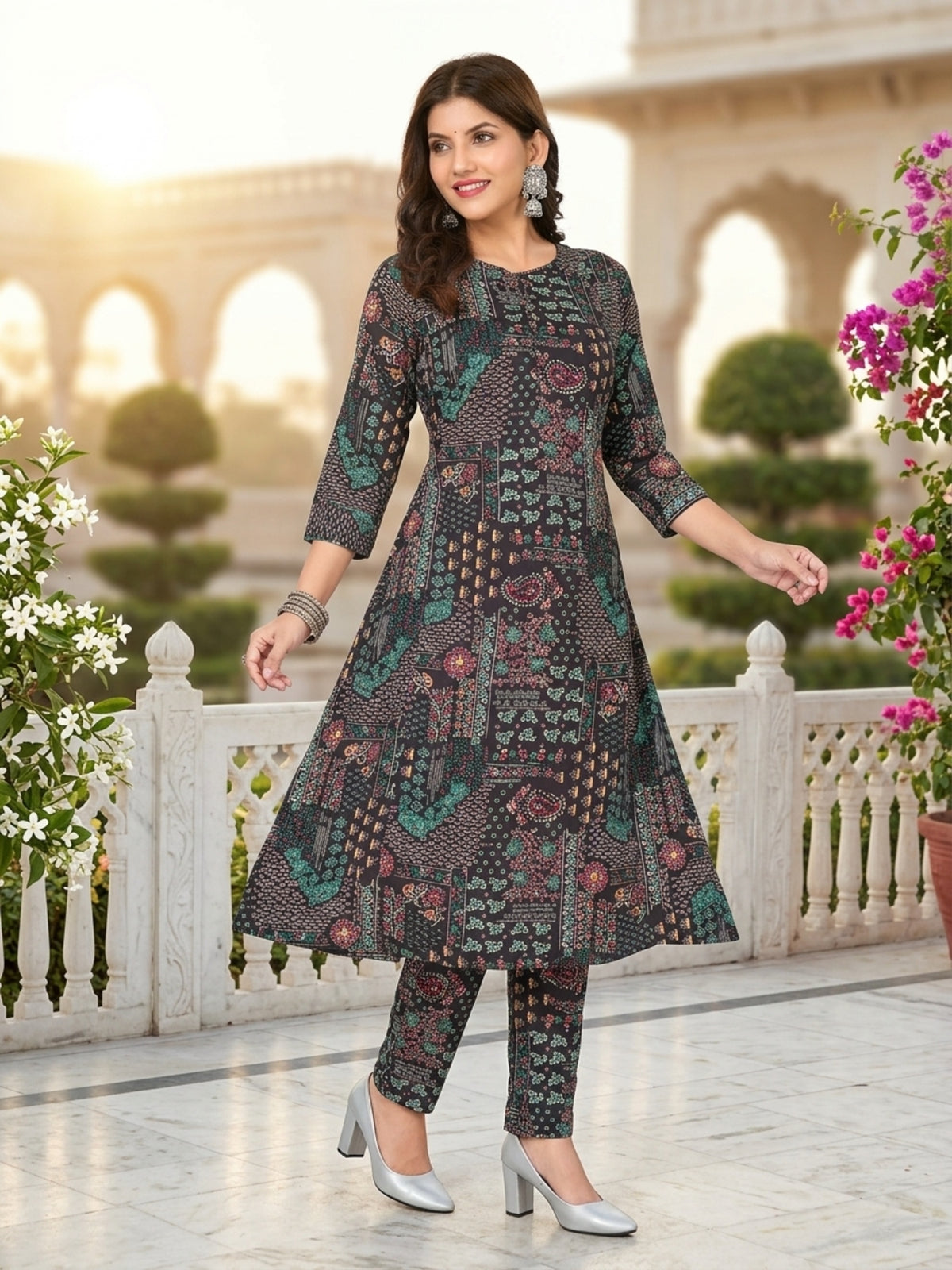 Parineeti Women Green Floral Printed Rayon A-Line Co-Ord Set with Trousers | Ank