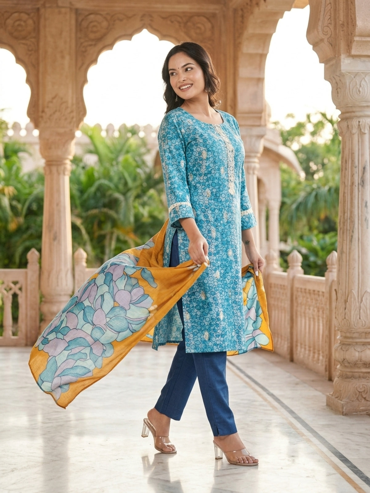 Stella Women Modal Flower Printed Kurta with Solid Trouser & Matching Dupatta Set | Round Neck 3/4 Sleeves Woven Kurta with Elasticated Waistband | Slip-On Bottom | Ethnic Wear | Ank