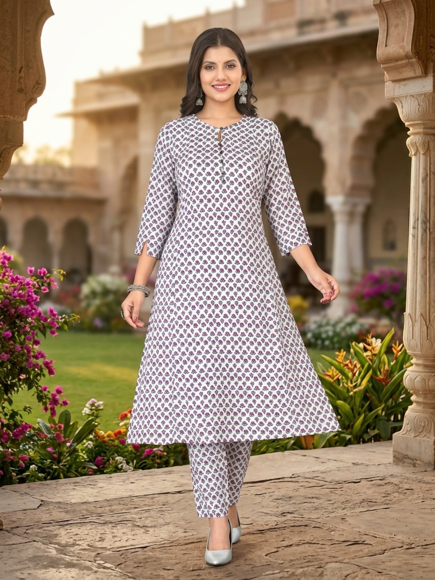 Women Snow White Floral Printed Rayon A-Line Co-Ord Set with Trousers
