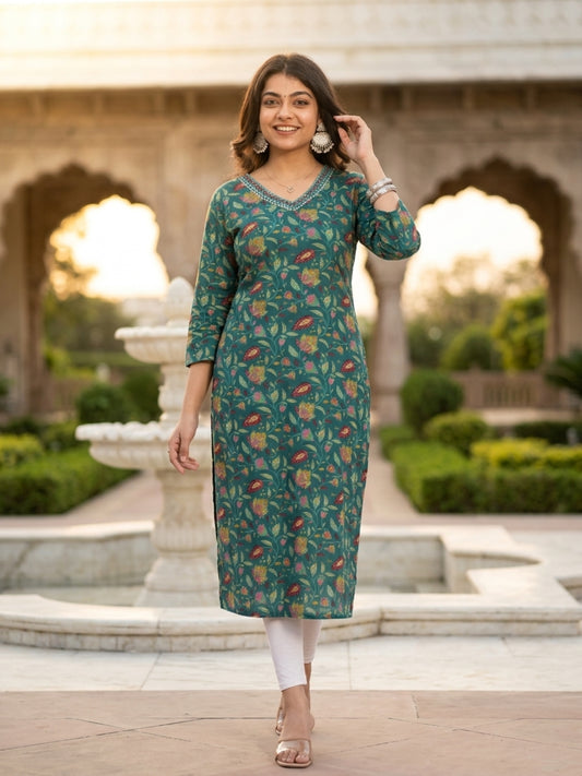 Floral Print Cotton Rayon Straight Kurta (Teal Green)