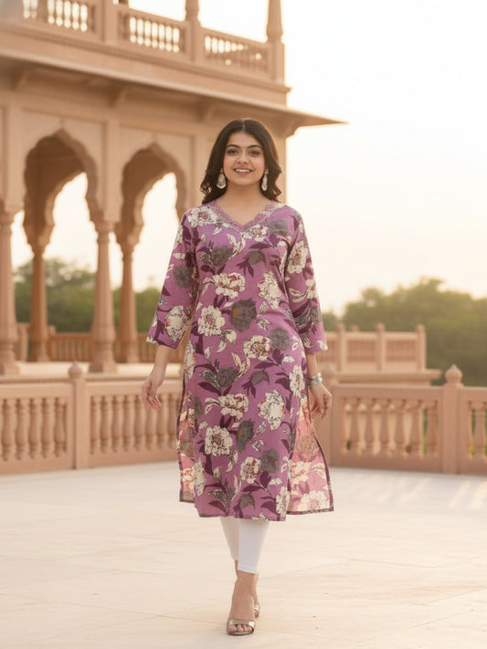 Elegant Purple Floral Cotton Kurti with V-Neckline