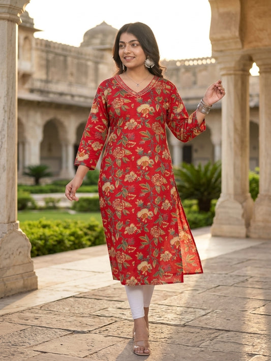 Red Floral Printed Cotton Casual Wear V-Neck Kurta