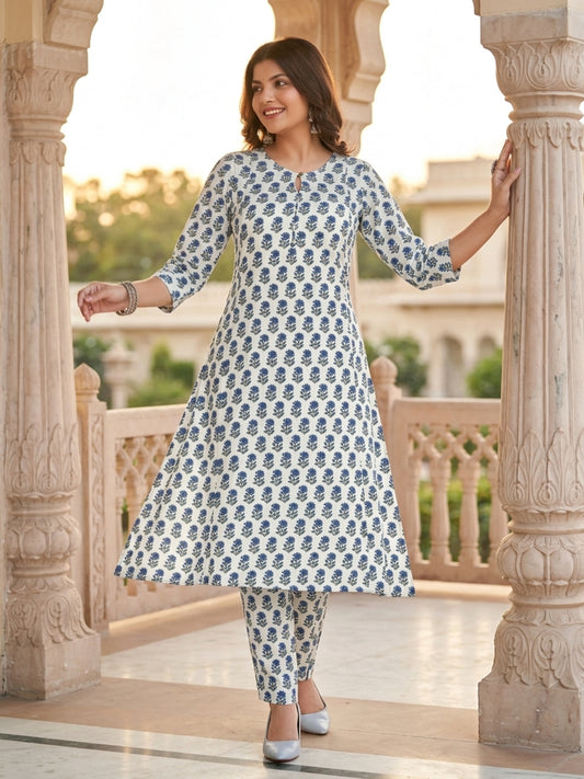 Parineeti Women Antique White Floral Printed Rayon A-Line Co-Ord Set with Trousers | Ank