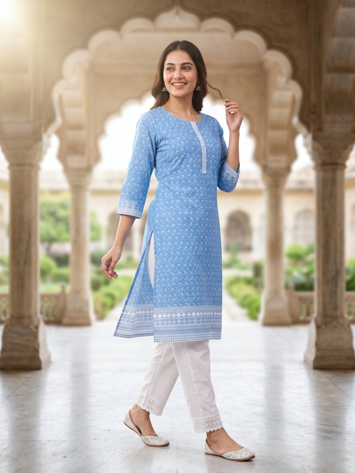 Nizam Women Pure Cotton Printed Ethnic Kurta Set with Matching Trousers, Round Neck, 3/4 Sleeves & Straight Fit for Casual, Office & Festive Wear | Ank