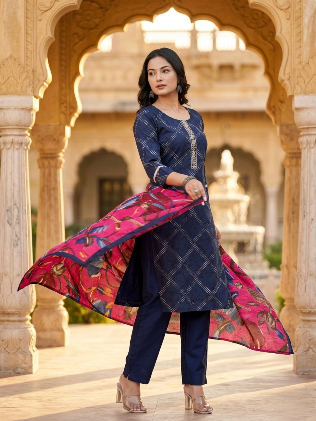 Stella Women Modal Flower Printed Kurta with Solid Trouser & Matching Dupatta Set | Round Neck 3/4 Sleeves Woven Kurta with Elasticated Waistband | Slip-On Bottom | Ethnic Wear | Ank