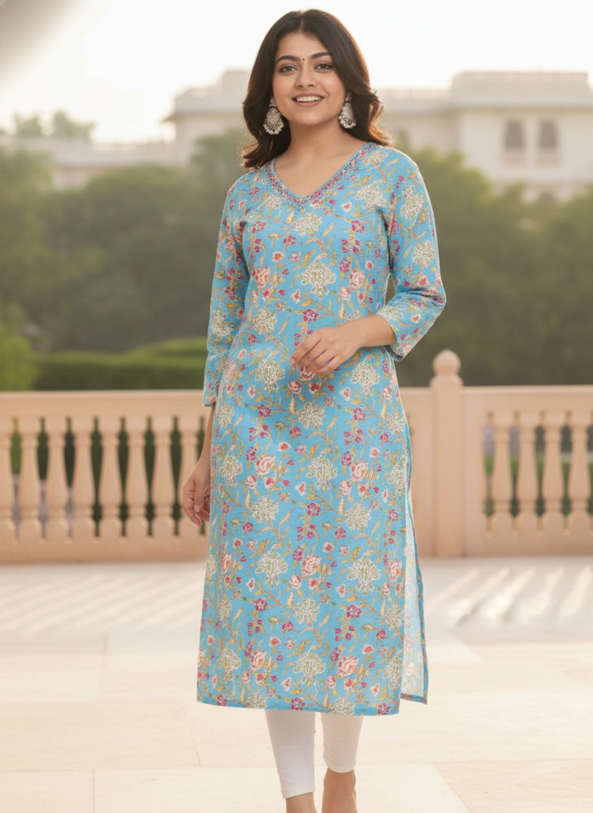 Women Sky Blue Floral Printed Pure Cotton Straight Kurti