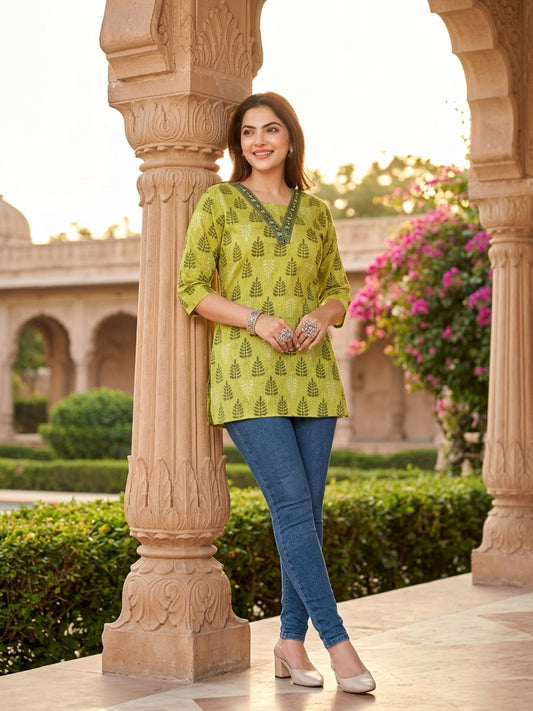 Lime Green Leaf Printed Cotton Blend Short Kurti