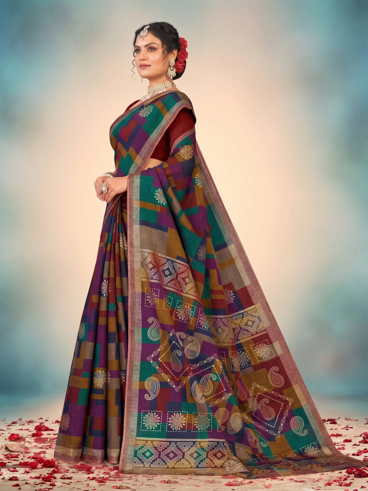 Matka Masleen Multi Color Check Saree