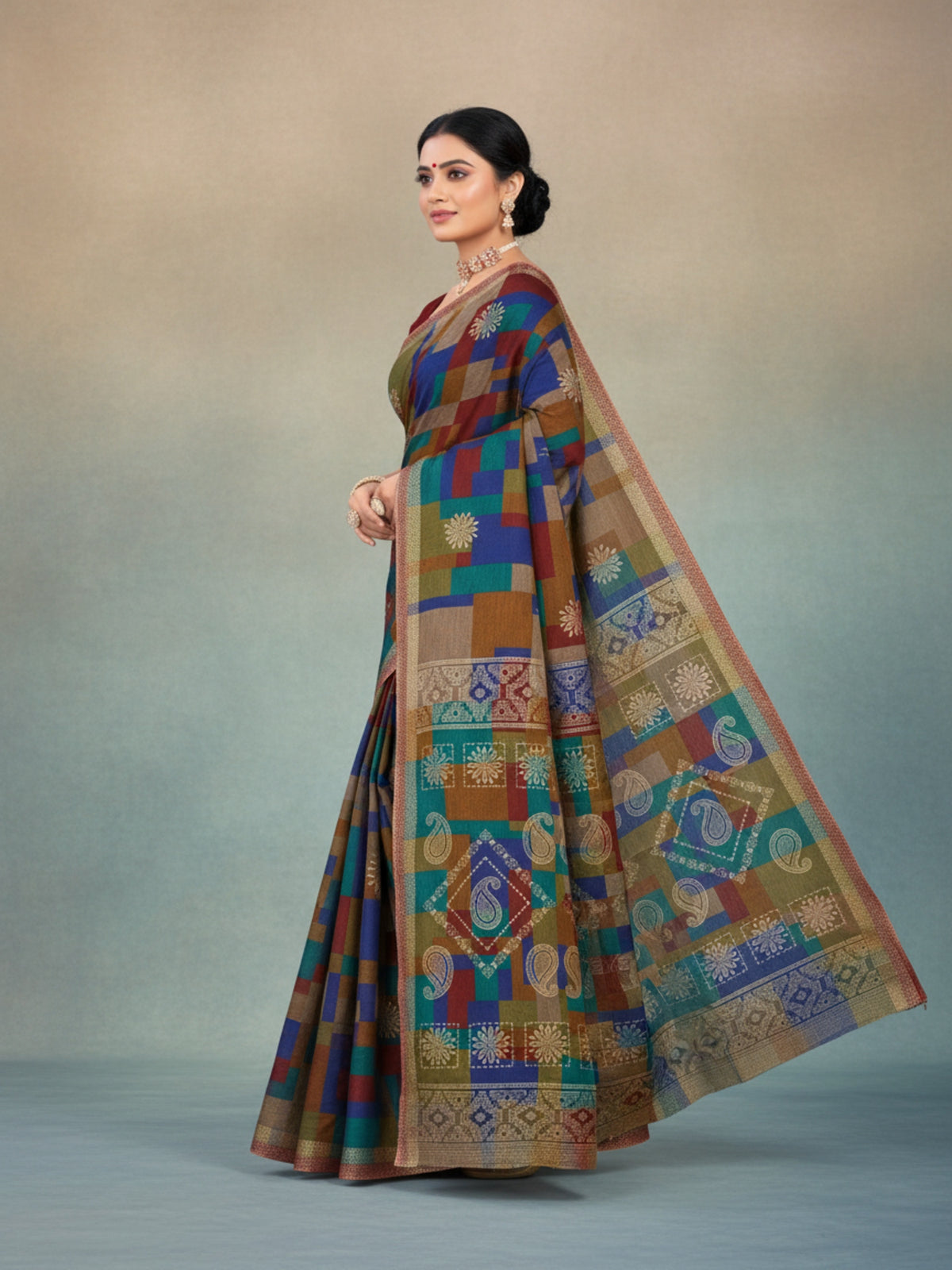 Matka Masleen Multi-Color Geometric Check Saree With Paisley Pallu