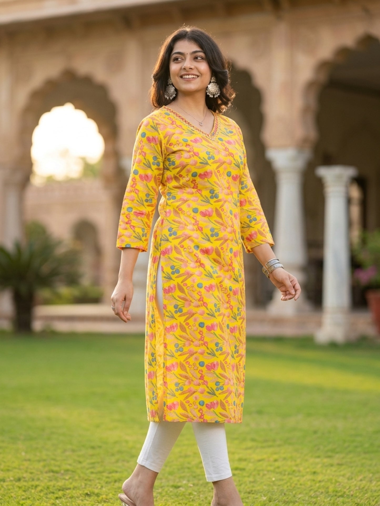 V-Neck Three-Quarter Sleeve Yellow Print Casual Kurti