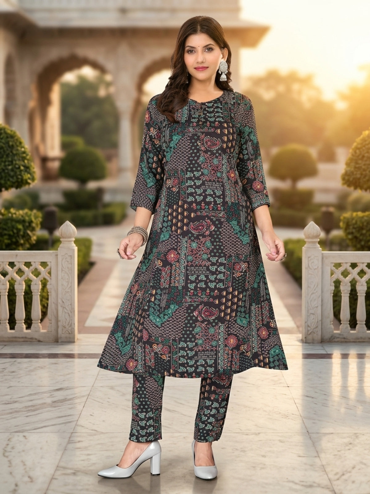 Parineeti Women Green Floral Printed Rayon A-Line Co-Ord Set with Trousers | Ank