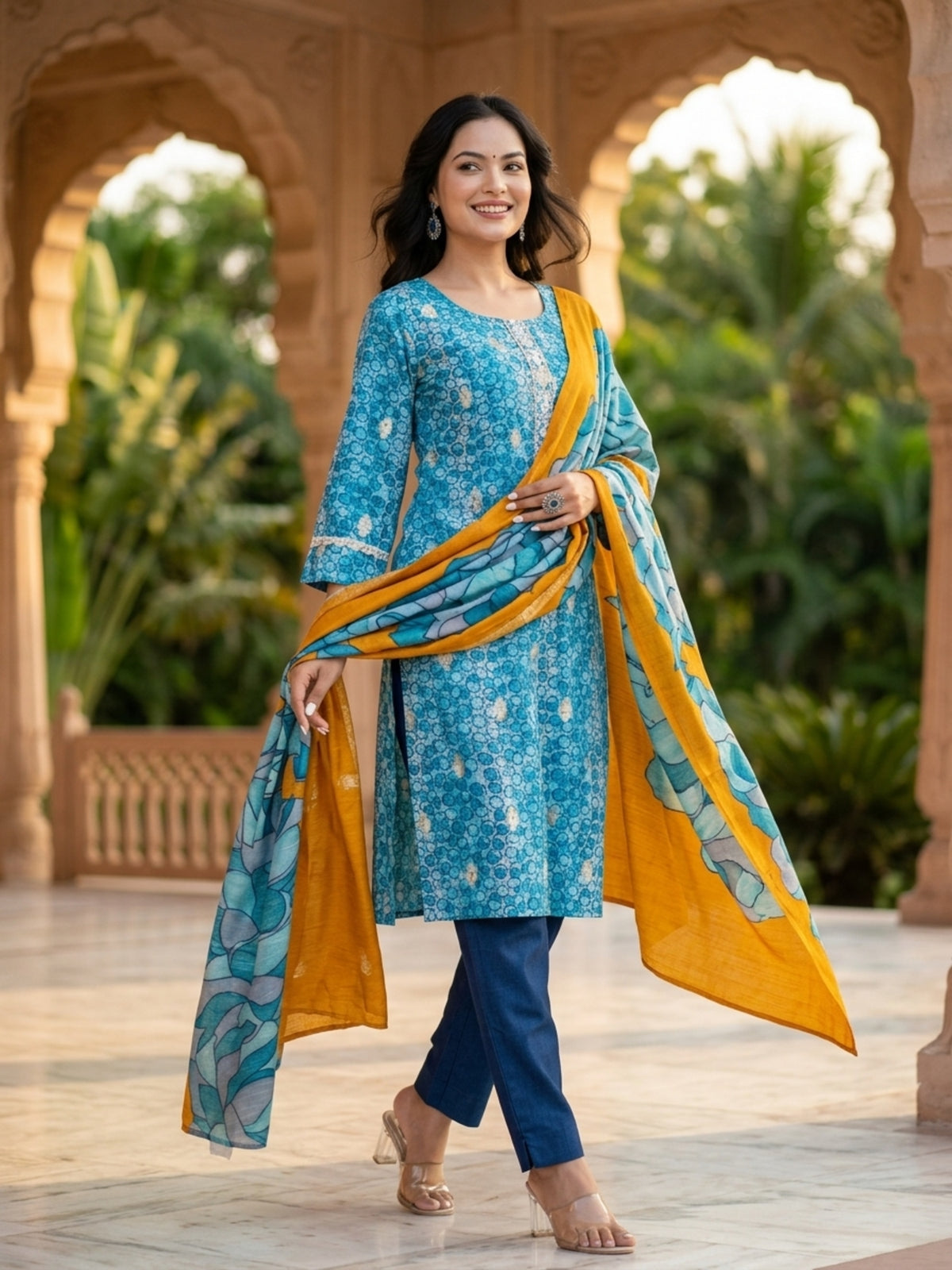Stella Women Modal Flower Printed Kurta with Solid Trouser & Matching Dupatta Set | Round Neck 3/4 Sleeves Woven Kurta with Elasticated Waistband | Slip-On Bottom | Ethnic Wear | Ank