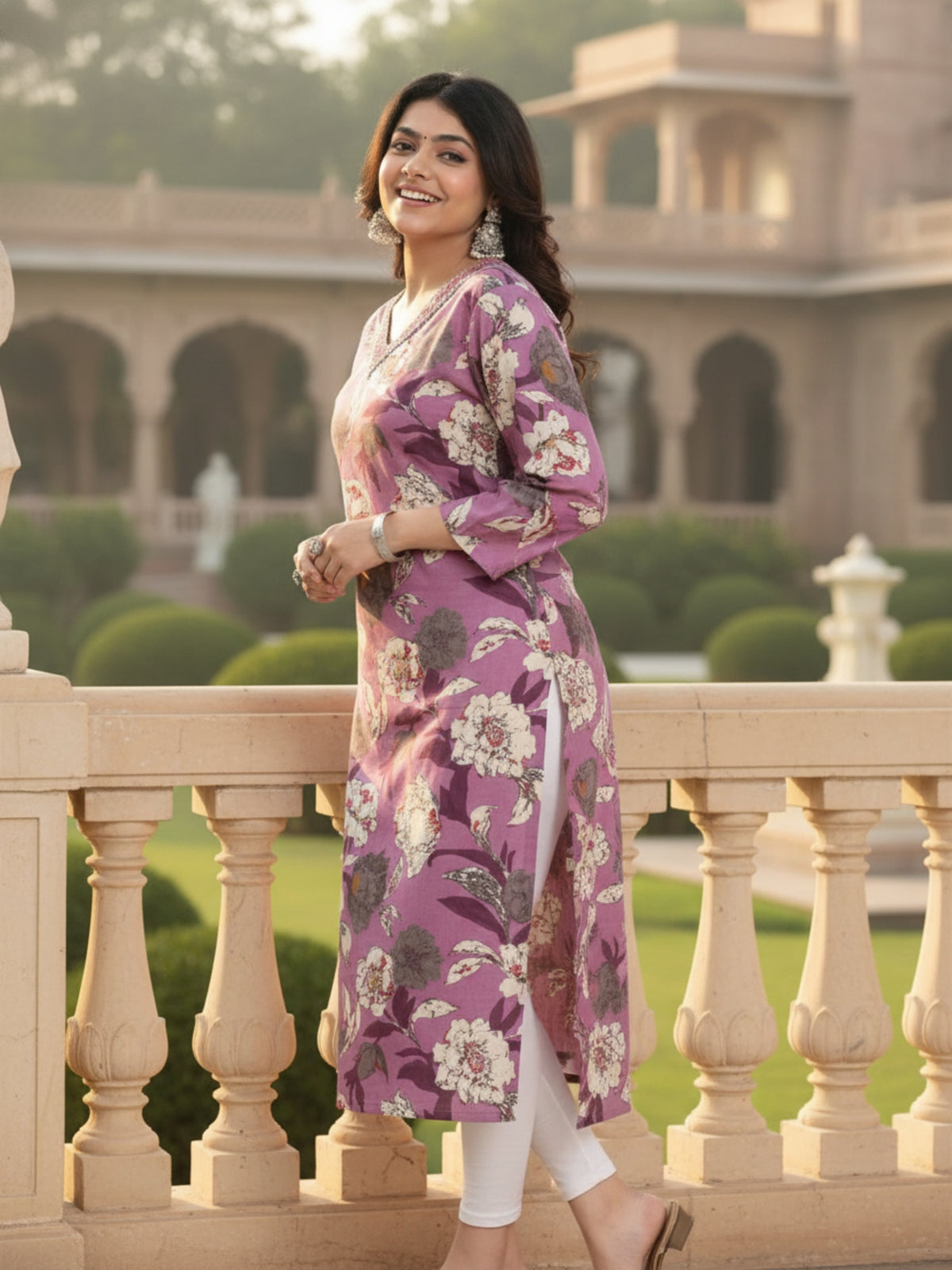 Aditi Women Purple Floral Printed Straight Kurta with V-Neck & 3/4 Sleeves | Elegant Ethnic Wear for Casual Outings, Office Wear, Festive Gatherings & Daily Wear | Minu