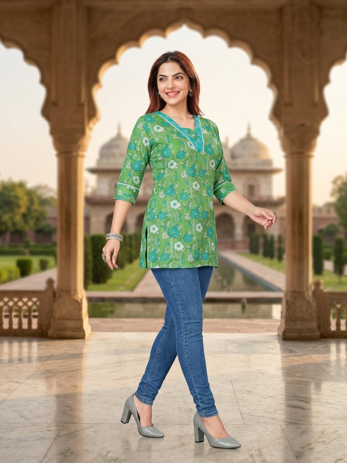 Green Floral Print Cotton Short Kurti with V-Neck
