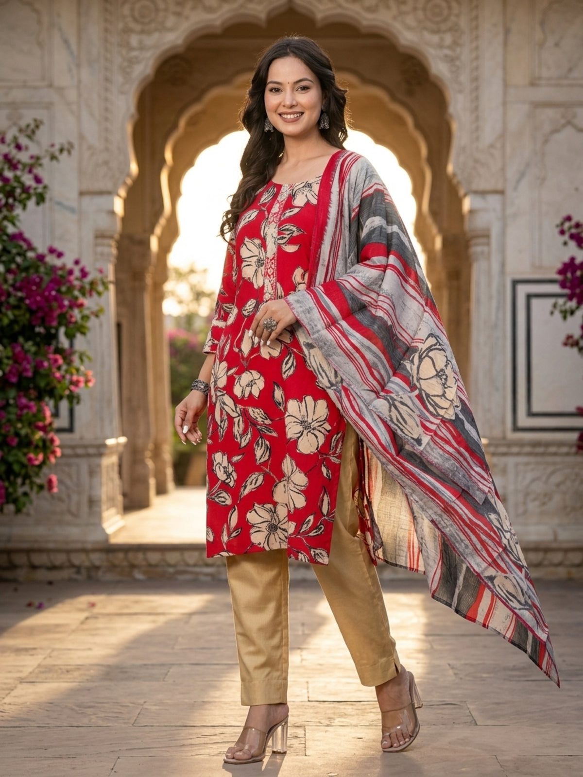 Stella Women Modal Flower Printed Kurta with Solid Trouser & Matching Dupatta Set | Round Neck 3/4 Sleeves Woven Kurta with Elasticated Waistband | Slip-On Bottom | Ethnic Wear | Ank