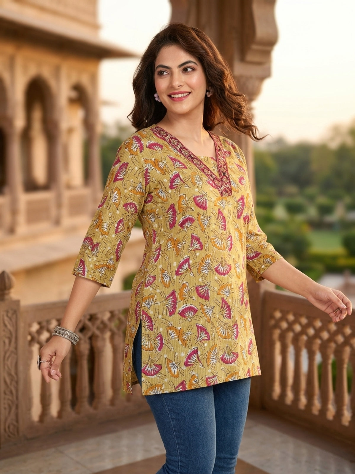 Pure Cotton Floral Print Short Kurti with Embroidered V-Neck Tunic