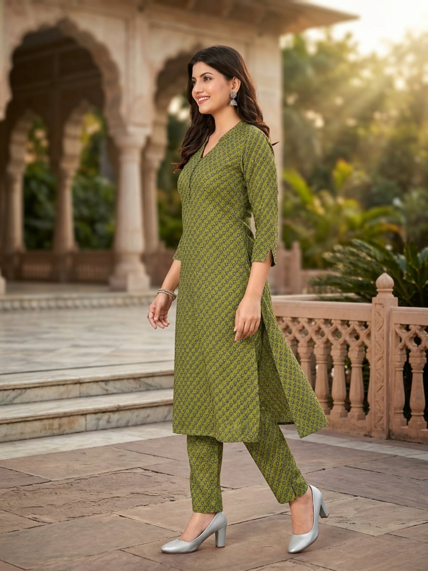 Parineeti Women Green Floral Printed Rayon A-Line Co-Ord Set with Trousers | Ank
