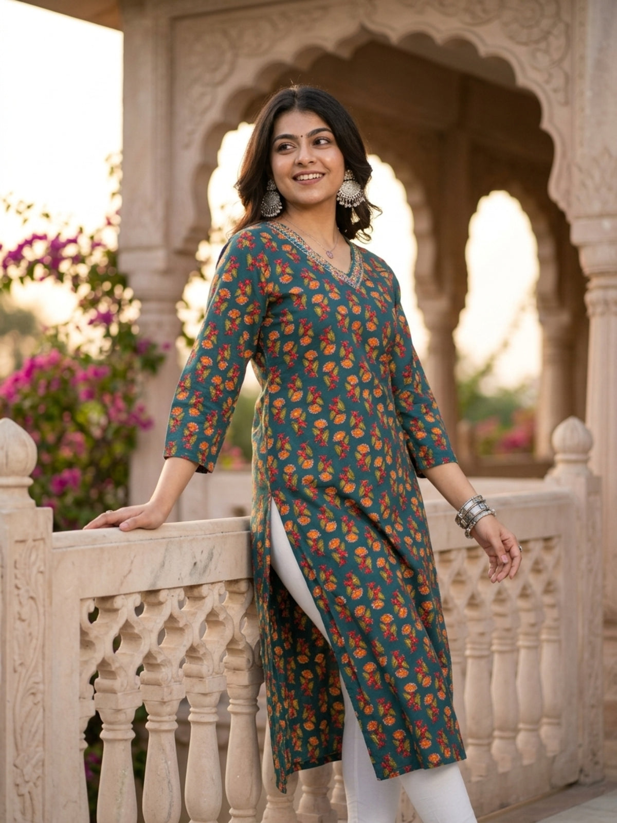 Teal Green Floral Printed Cotton Kurta with V-Neck