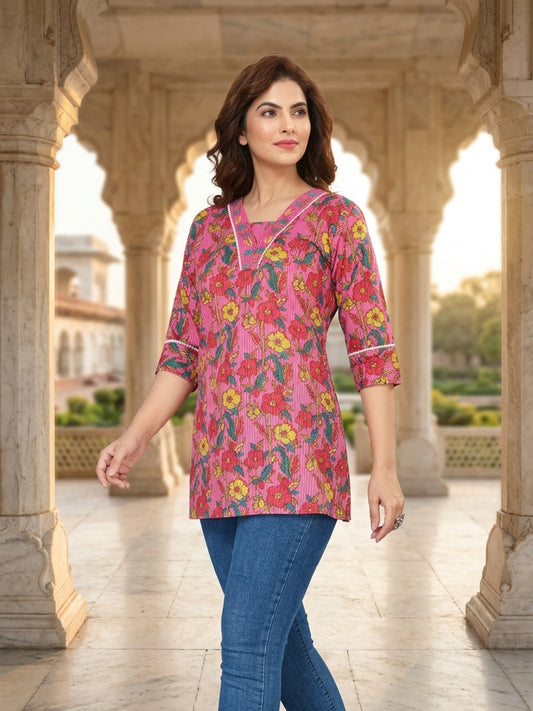 Pink Floral Print Cotton Short Kurti with Lace Detail V-Neck