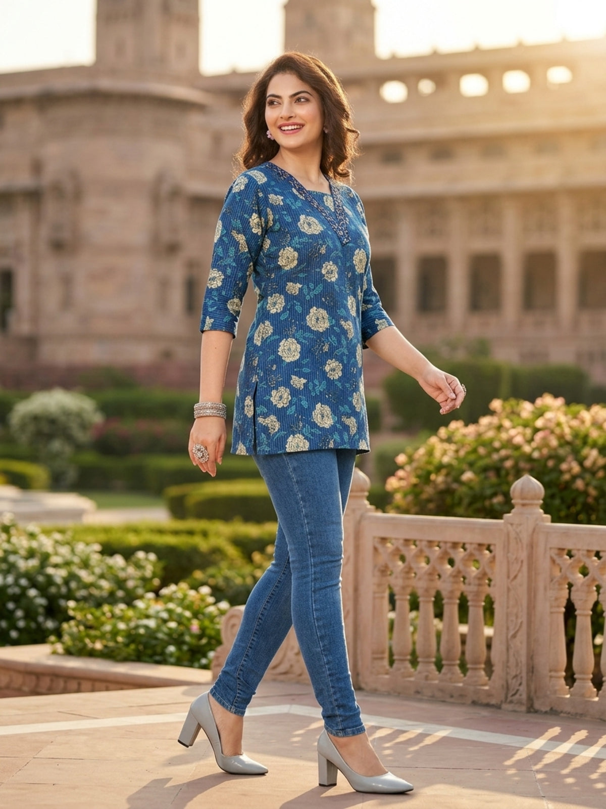 Indigo Blue Floral Printed Cotton Short Kurti