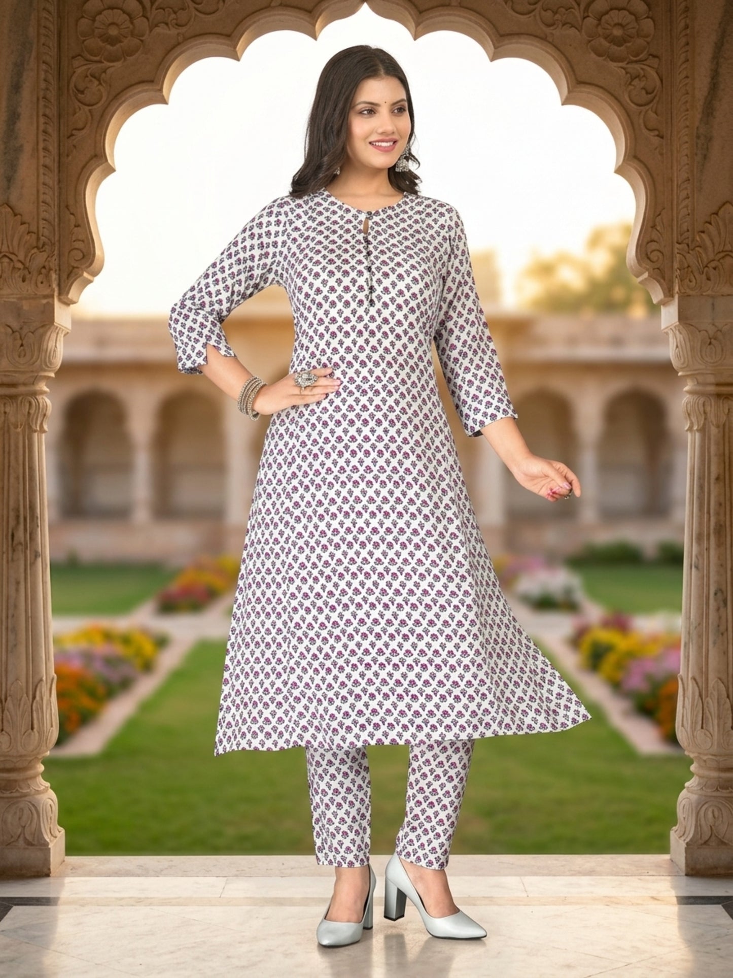 Women Snow White Floral Printed Rayon A-Line Co-Ord Set with Trousers