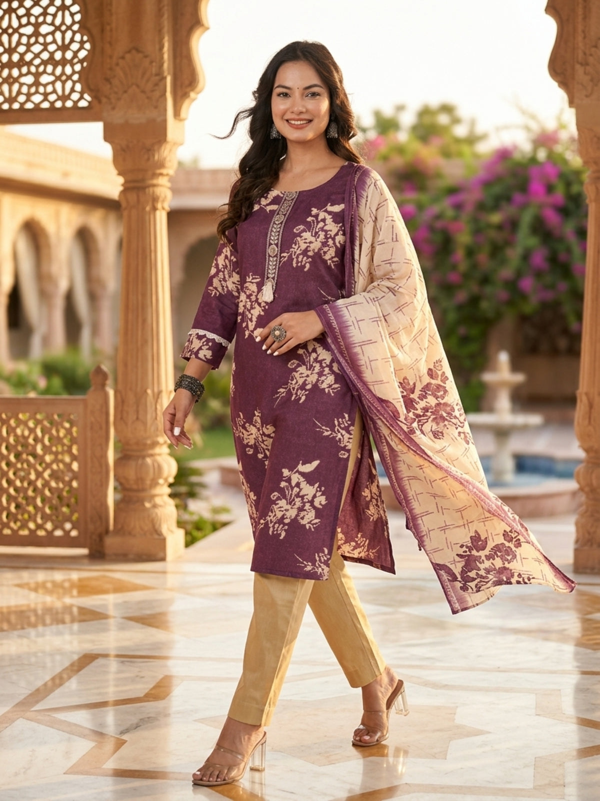 Stella Women Modal Flower Printed Kurta with Solid Trouser & Matching Dupatta Set | Round Neck 3/4 Sleeves Woven Kurta with Elasticated Waistband | Slip-On Bottom | Ethnic Wear | Ank