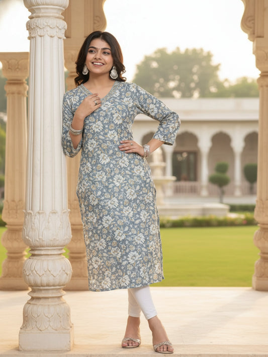 Greyish-Blue Floral Print Cotton Straight Kurti