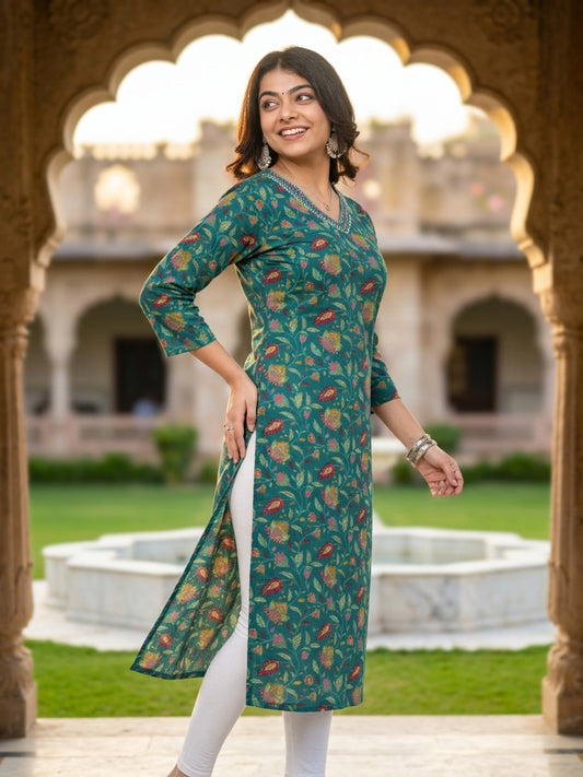 Floral Print Cotton Rayon Straight Kurta (Teal Green)