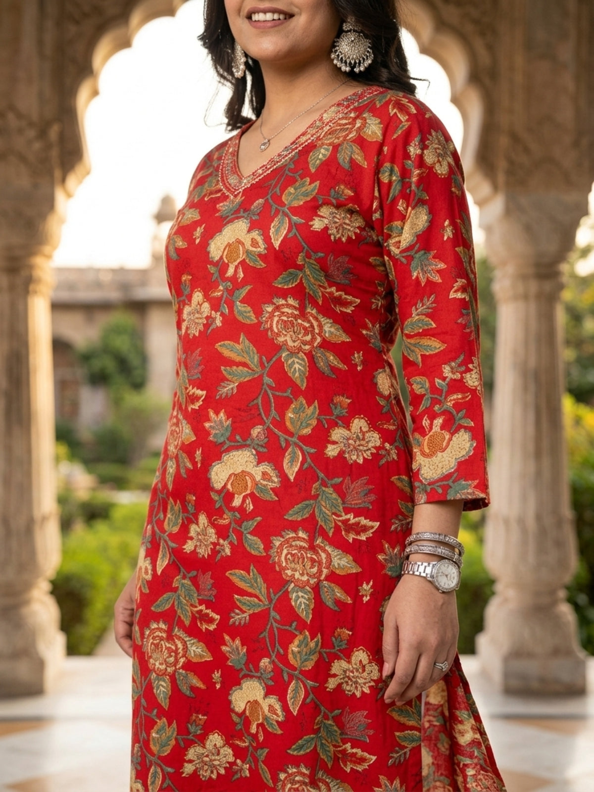 Red Floral Printed Cotton Casual Wear V-Neck Kurta