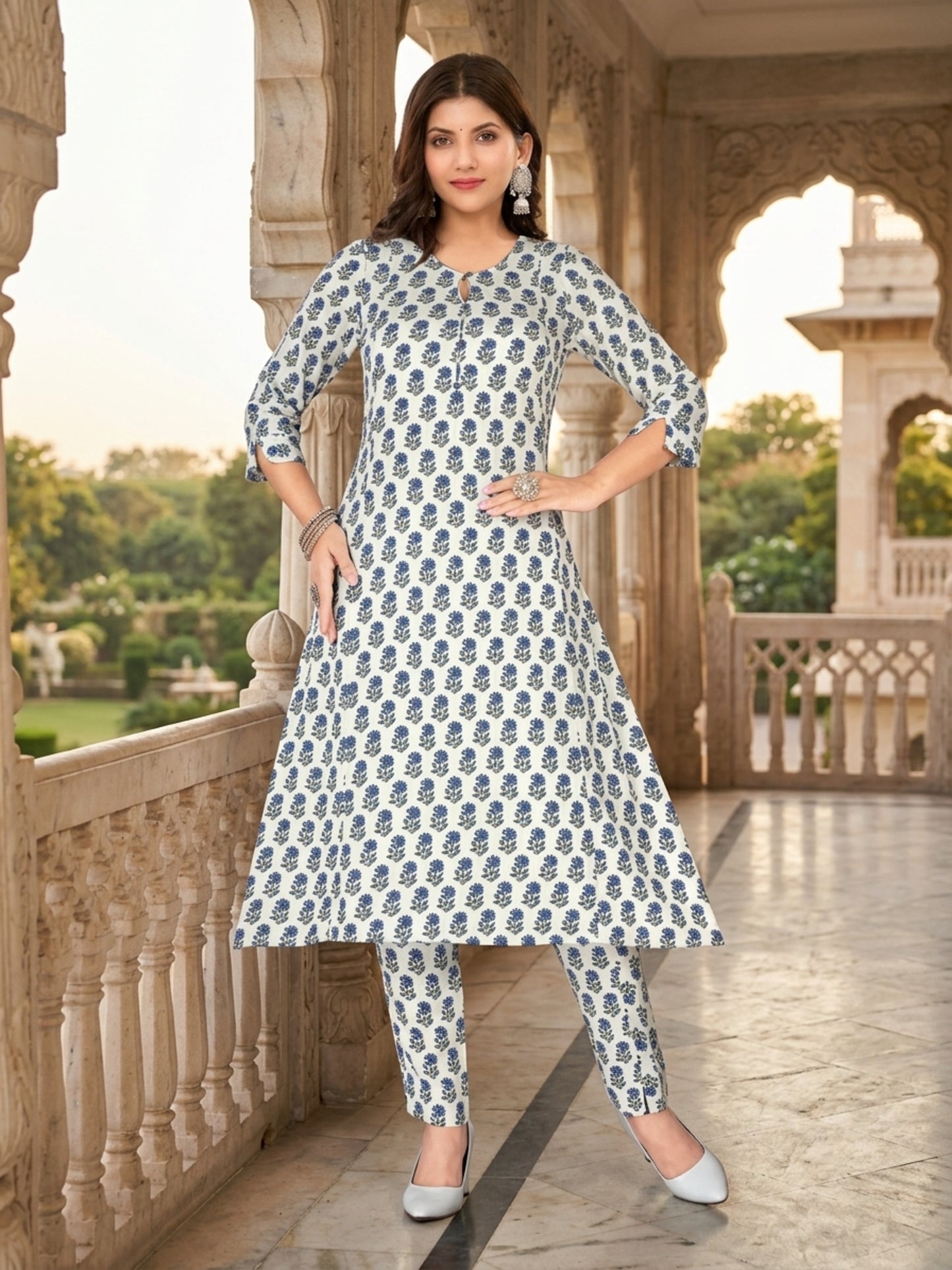 Women Antique White Floral Printed Rayon A-Line Co-Ord Set with Trousers