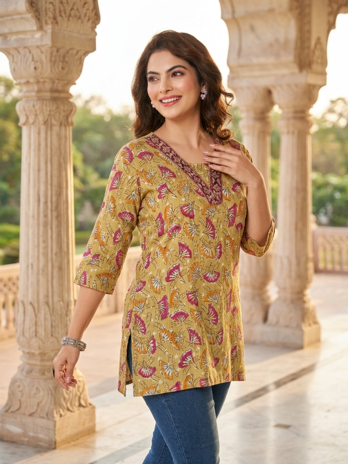 Pure Cotton Floral Print Short Kurti with Embroidered V-Neck Tunic