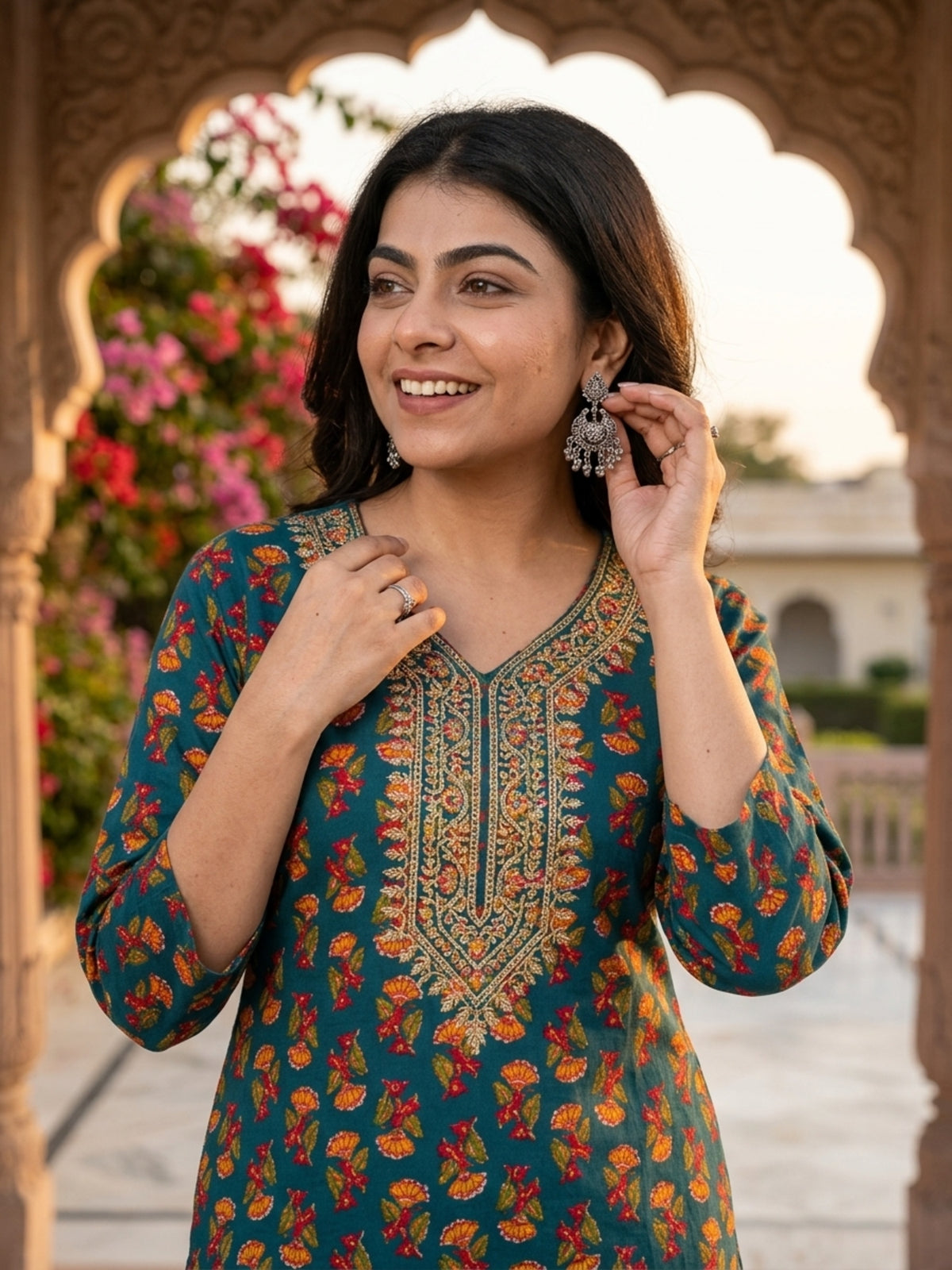 Teal Green Floral Printed Cotton Kurta with V-Neck